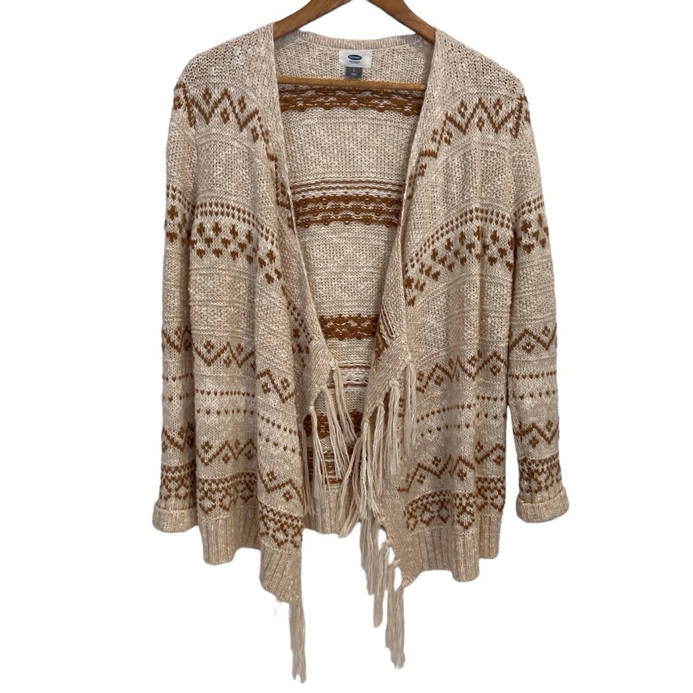 Old Navy bohemian knit cardigan neutral tone beige maroon fringe open front wrap